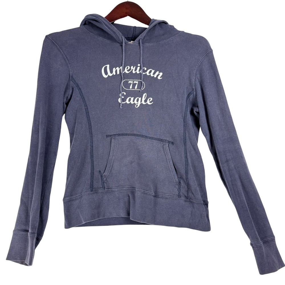 American Eagle Hoodie Womens Small Blue Graphic Cotton Ribbed Y2K Gorpcore Retro